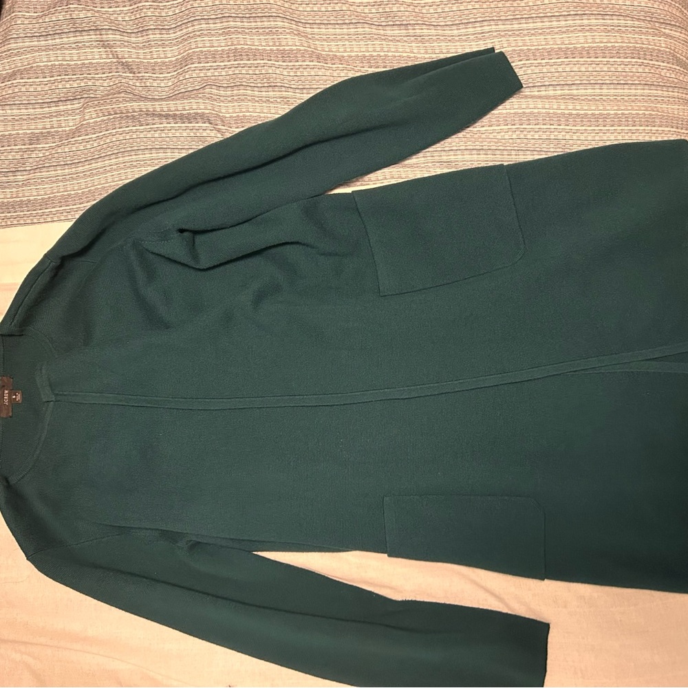 J Crew Juliette collarlesss long cardigan, size S, dark green.